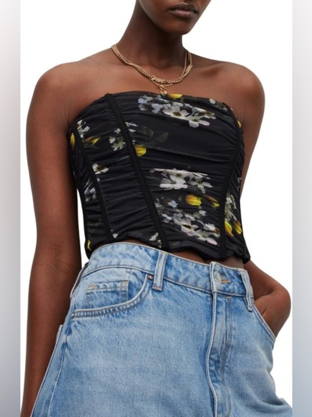 NWT AllSaints Kym Eugenia Ruched Corset Top Black Floral Lemon Sz 6